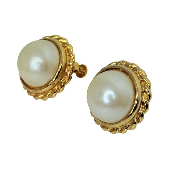 Vintage Napier Signed Pearl Button Screw Back Earrings 1" Gold Tone - Picture 2 of 9